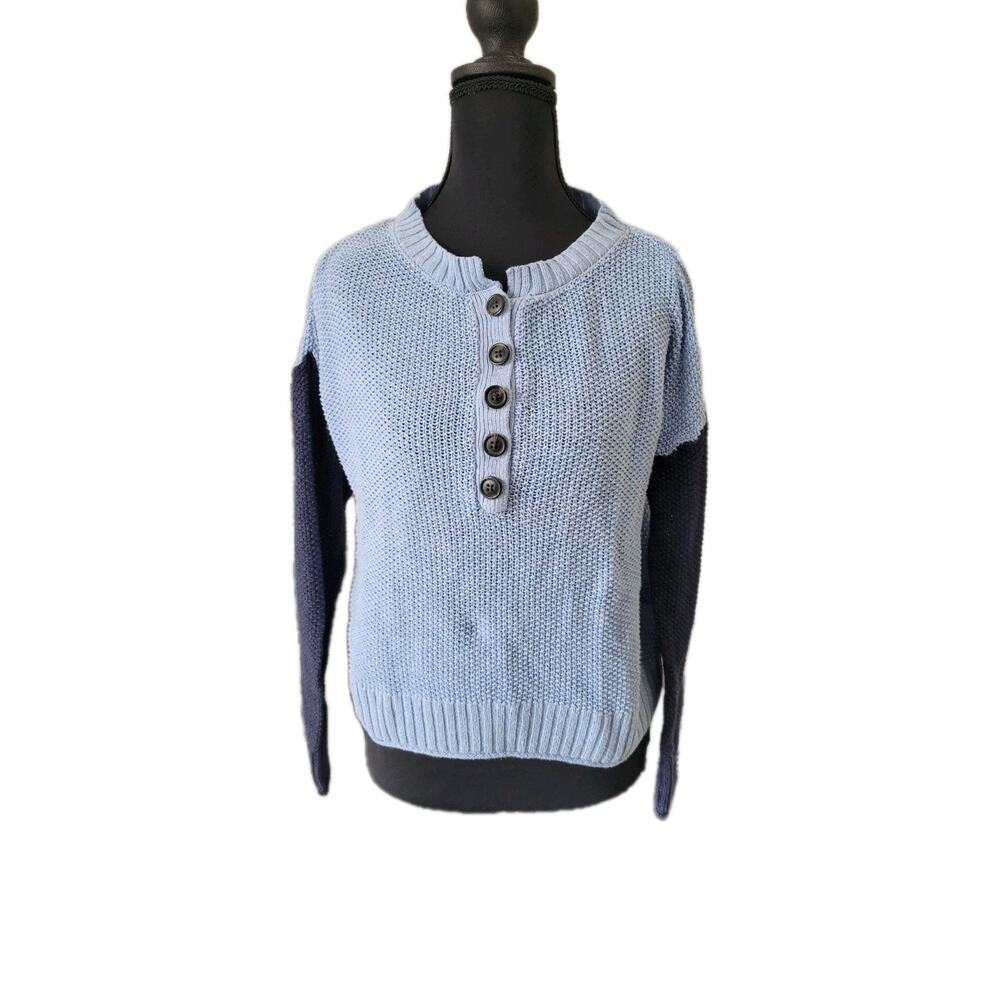 American Eagle Womens XS Knit Blue Preppy Colorblock Pullover Henley Sweater